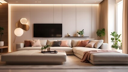 Modern minimalist living room interior design, aestehtic warm glow color theme home decor livingroom with cabinet TV space interior architecture design 