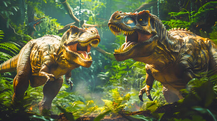 Two aggressive snarling dinosaurs facing off amidst the dense foliage and vegetation of a prehistoric jungle landscape  The powerful predatory reptiles showcase their sharp teeth and claws