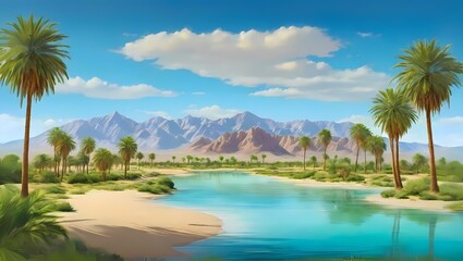 Serene Desert Oasis || Scenic Desert Oasis with Palm Trees and Mountains || AI  Generated