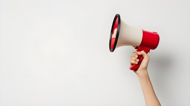 Female hand holding a megaphone on a white background.