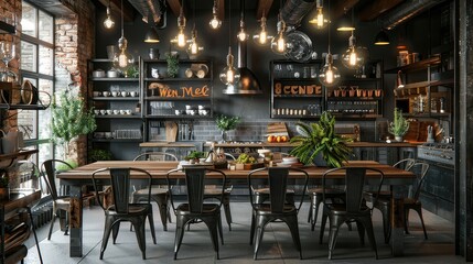 A chic industrial dining room with metal chairs, reclaimed wood table, and Edison bulb pendant lights.