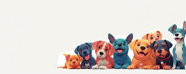 A group of dogs in an animal shelter, cartoon style, bright colors, isolated on white background