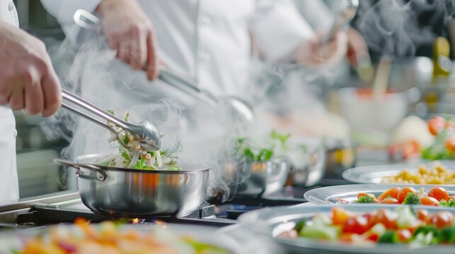 Professional cooking contest, chefs in pristine uniforms, bustling kitchen, gourmet dishes being prepared