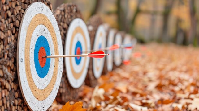 Row of archery targets with arrows in the bullseye, surrounded by autumn leaves