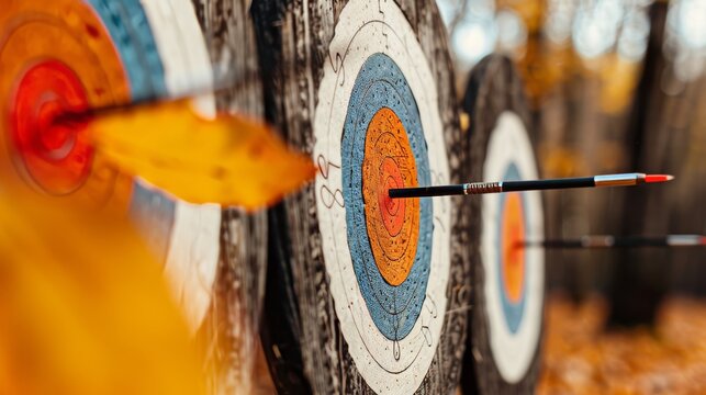 Row of archery targets with arrows in the bullseye, surrounded by autumn leaves
