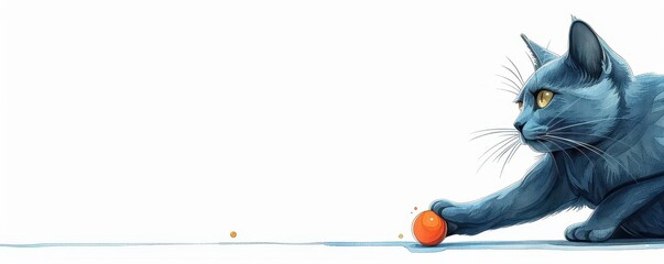 A Russian Blue cat stalking a toy, handdrawn, detailed and playful, isolated on white background