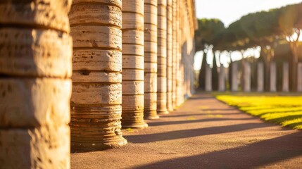 Obraz premium Series of ancient Roman columns, aligned perfectly in a historical site, bathed in the golden hour light, each column telling a story of the past