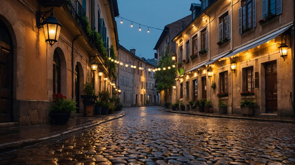 Fototapeta premium Old European alleyway glowing from countless lanterns and reflecting rain. Great for enhancing travel guides or advertisements focused on picturesque European locations.