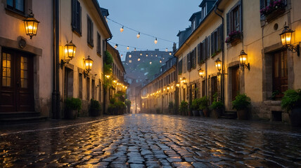 Fototapeta premium Cozy, rain-soaked street with hazy lights in an old village setting. Suitable for lifestyle blogs or articles highlighting charming and inviting street scenes.