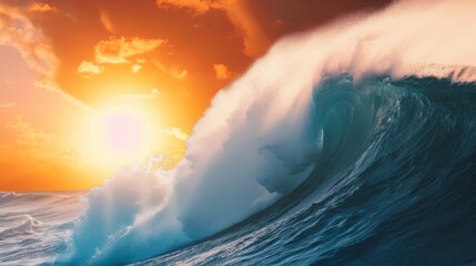 Thrilling surfing competition, surfers riding massive waves, tropical beach setting, vibrant sunset sky