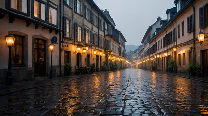 Naklejka premium Historic European village street illuminated by soft, hanging lanterns. Perfect for content related to romantic travel experiences or cultural heritage.
