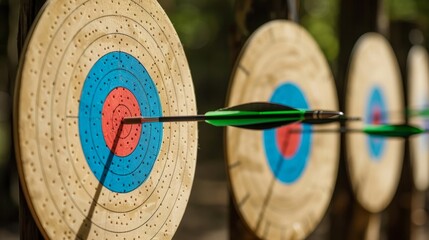 Wide-angle shot of an archery range with targets in a row, each arrow hitting the mark