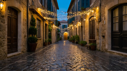 Fototapeta premium Historic buildings and hanging fairy lights illuminate a rainy street. Perfect for articles about European village charm or atmospheric photography.
