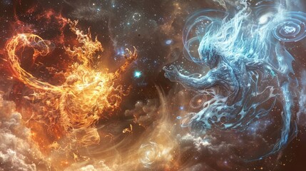 Ethereal beings of frost and fire clashing in a celestial arena, surrounded by swirling galaxies and cosmic dust.