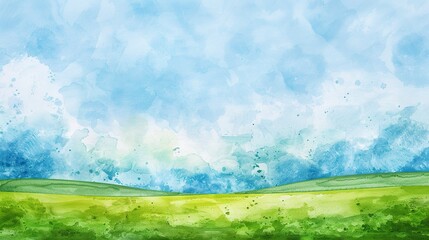 Obraz premium watercolor illustration of a blue sky and green ground landscape, invitation cards and background
