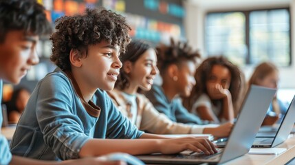 Students using laptops and tablets in a modern digital classroom