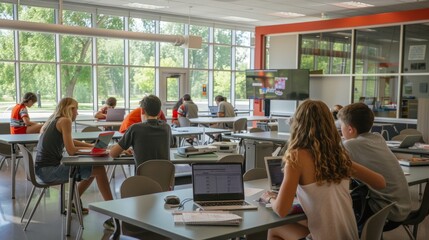 Students using laptops and tablets in a modern digital classroom