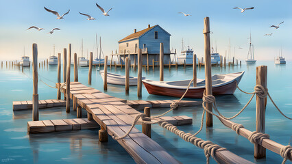 A peaceful seascape with a wooden dock extending into the calm water, surrounded by boats and a house on stilts.