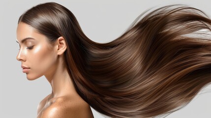 Fototapeta premium woman with long brown hair white background Generative