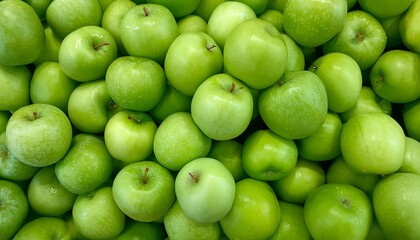 Various ripe green apples fill background, sale, promotion, wallpaper.