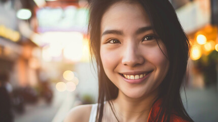 Elegant young Asian woman looking away, bathed in warm light.