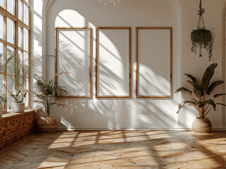 A2 White Posters in Wooden Frames on Parquet Floor with Sunlight