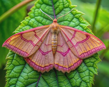 Vibrant Blood Vein Geometer moth perches on delicate foliage, its intricately patterned wings extended, showcasing subtle earthy tones in its serene, natural woodland setting.