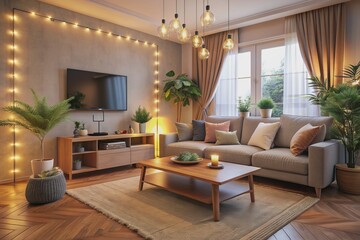 Fototapeta premium Cozy living room scene with empty sofa facing TV, modern decor, and soft lighting, evoking warmth and comfort, perfect for family bonding illustrations.