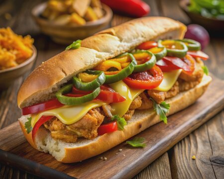 Freshly prepared footlong chicken fajita sandwich with sizzling chicken strips, saut&eacute;ed onions and bell peppers, topped with melted cheese on a crispy bun.
