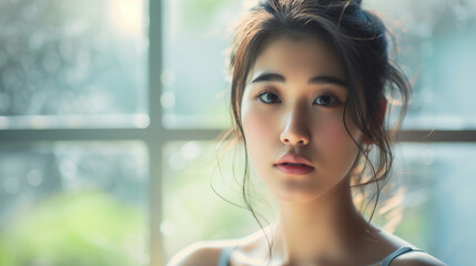 Elegant young Asian woman looking away, bathed in warm light.