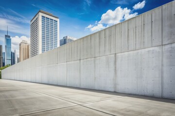 Fototapeta premium Urban city street scene with a long, clean, and smooth concrete wall covered in white plaster, providing ample copy space for text or design overlays.