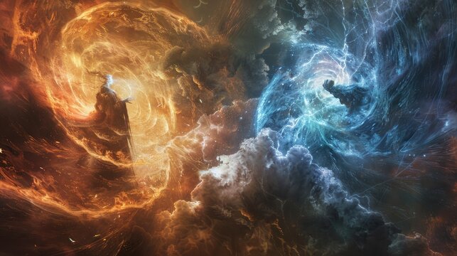 Ethereal phantoms of time and space locked in a surreal conflict within an interdimensional rift filled with swirling temporal currents and spatial anomalies.