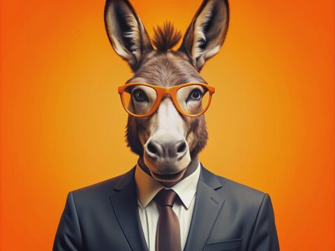 Vibrant orange background showcases a stylish, imposing anthropomorphic donkey dressed in a suit, wearing glasses, exuding confidence and sophistication in a funny pop art illustration.