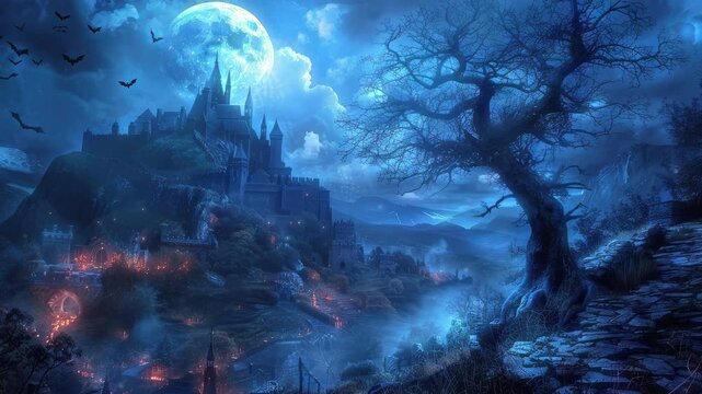 Graveyard cemetery to castle In Spooky scary dark Night full moon and bats on dead tree, 4k animation video looping