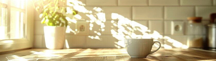 A mug of coffee sits on a wooden table in front of a window. The sun is shining through the window, casting a warm glow on the table. The scene is peaceful and relaxing