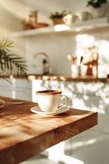 Obraz premium A mug of coffee sits on a wooden table in front of a window. The sun is shining through the window, casting a warm glow on the table. The scene is peaceful and relaxing