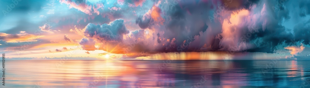 Canvas Prints A beautiful sunset over the ocean with a colorful sky. The sky is filled with a variety of colors, including pink, orange, and blue. The water is calm