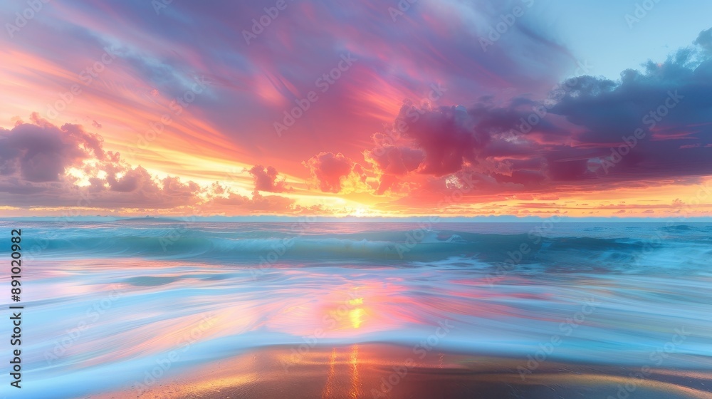 Canvas Prints A beautiful sunset over the ocean with a colorful sky. The sky is filled with a variety of colors, including pink, orange, and blue. The water is calm