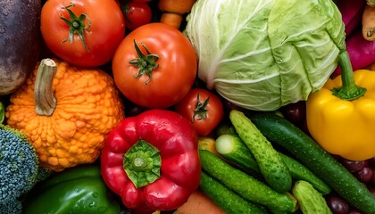 The vegetable background shows various types of ripe vegetables for cooking and filling backgrounds, sales, promotions, wallpapers.