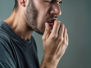 Naklejka premium Homem sentindo dores no dente e gengiva, com expressão de desconforto