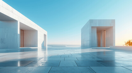 Obraz premium 3d rendering of minimalistic futuristic architecture with abstract white cube buildings on concrete floor and clear blue sky