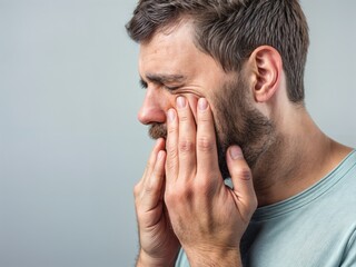 Naklejka premium Homem sentindo fortes dores no dente e gengiva, com expressão de desconforto
