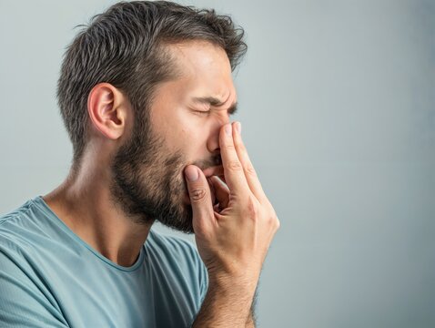 Homem com dores faciais, no nariz depois de machucar, com express&atilde;o de sofrimento