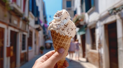 Hand Holding a Chocolate and Vanilla Ice Cream Cone on the Streets of Venice During Summertime, Captured in Cinematic Style with Blue Sky and Pastel Colors.Natural Light Enhances the Scene's Charm.
