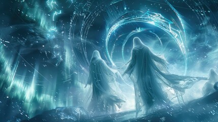 Ghostly wraiths of light and shadow clashing in an ethereal plane, surrounded by swirling auroras and mystical runes.