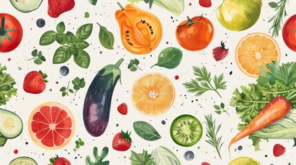 Seamless wallpaper with a mix of colorful fruits, vegetables, and herbs, perfect for a healthy kitchen theme