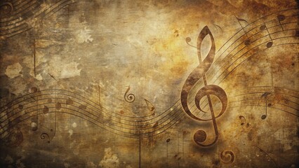Retro music-inspired background featuring a distressed vintage treble clef surrounded by swirling music notes in muted earth tones on a worn, textured surface.