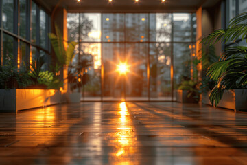 Fototapeta premium Modern Office Interior Design with Glass Walls, Wooden Panels, and Sunlight Exposure