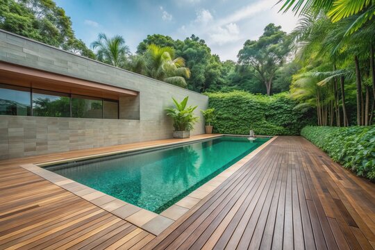 Sleek contemporary swimming pool deck features a blank wall, wooden floor, and green tile surrounds, blending seamlessly into lush natural surroundings and serene atmosphere.