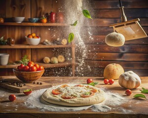 Flour-dusted kitchen counter showcases expertly tossed and spun pizza dough, frozen in mid-air, with a few scattered flour patches and a rustic wooden peel nearby.